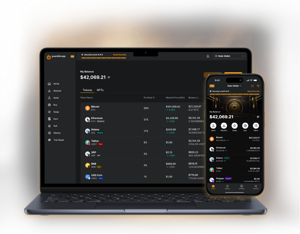 QFSGuard Crypto Wallet - Laptop and Mobile Interface